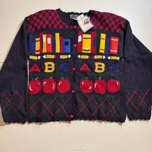 NWT VTG Teacher Cardigan Whimsical Abstract Sweater Books ABC Apples Maximalist